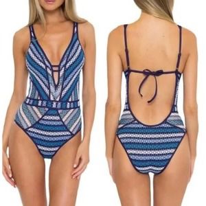 NWOT Becca Driftwood Show & Tell Plunge One Piece Crochet Swimsuit Large Blue